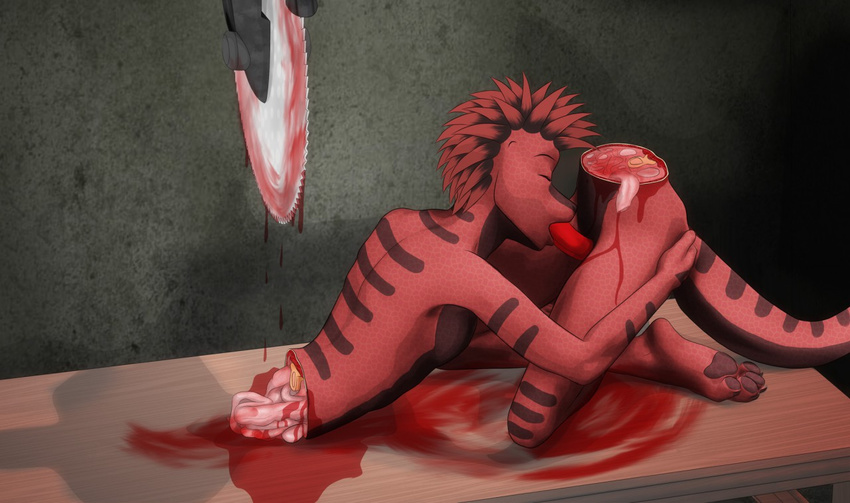 autofellatio badway black_hair black_scales blood circular_saw furx_(character) gore guts hair imminent_death lizard masturbation multicolored_hair mutilation oral penis red_hair red_scales reptile scales scalie solo