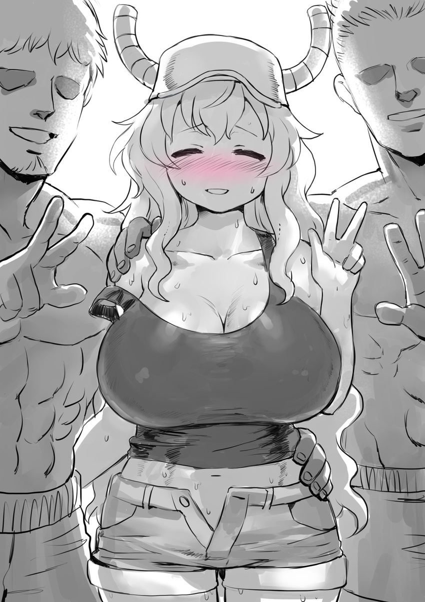 1girl ^o^ abs baseball_cap blush breasts cleavage collarbone dragon_girl dragon_horns eyebrows_visible_through_hair eyes_closed faceless_male greyscale hand_on_another's_shoulder hand_on_hips hat highres horns huge_breasts imminent_rape kobayashi-san_chi_no_maidragon long_hair looking_at_viewer monochrome navel quetzalcoatl_(maidragon) short_shorts shorts simple_background smile solo standing strap_slip surrounded sweat tank_top topless unbuttoned v white_background you_gonna_get_raped