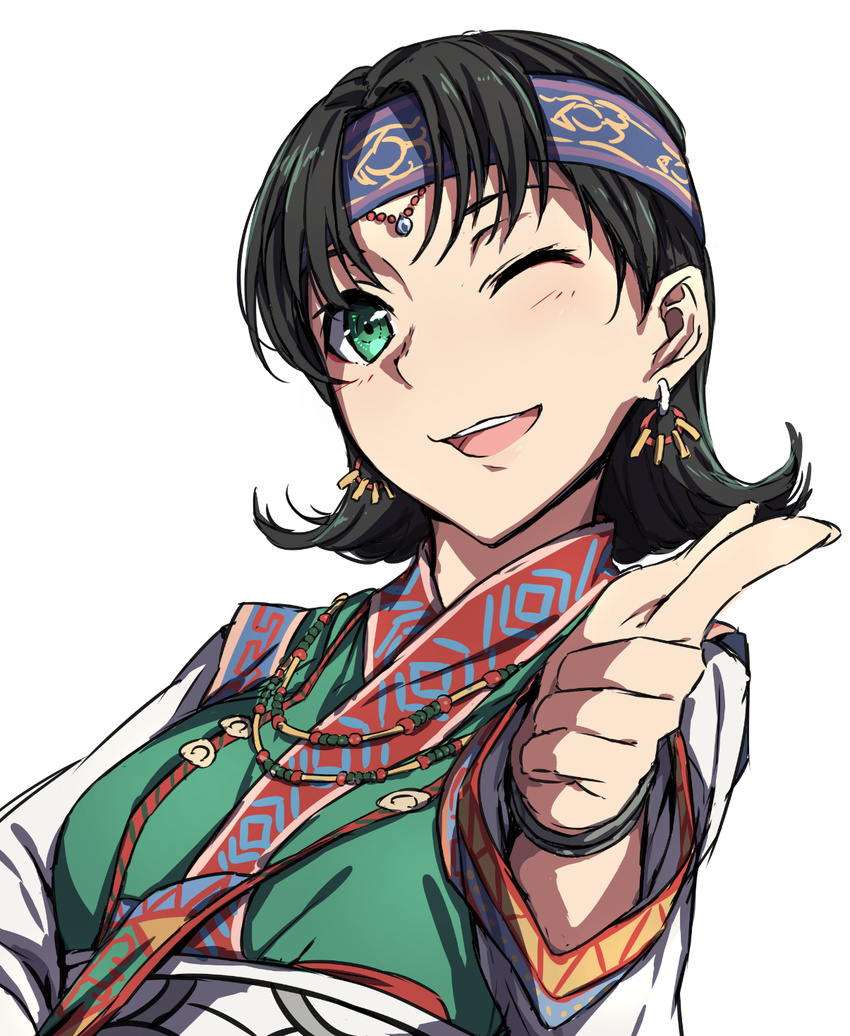 bad_perspective black_hair earrings green_eyes headband highres jewelry necklace one_eye_closed pointing portrait sblack smile valkyrie_profile white_background yumei_(valkyrie_profile)