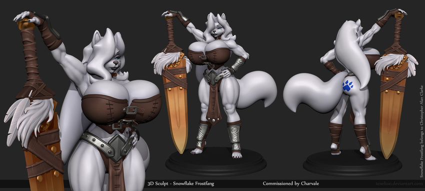 3d_(artwork) barbarian beauty_mark big_breasts breasts canine clothing collar digital_media_(artwork) dire_wolf feathers female hair hair_over_eye huge_breasts leather loincloth long_hair mammal melee_weapon muscular muscular_female snowflake_frostfang sword tattoo textlion_(artist) tribal warrior weapon wide_hips wolf