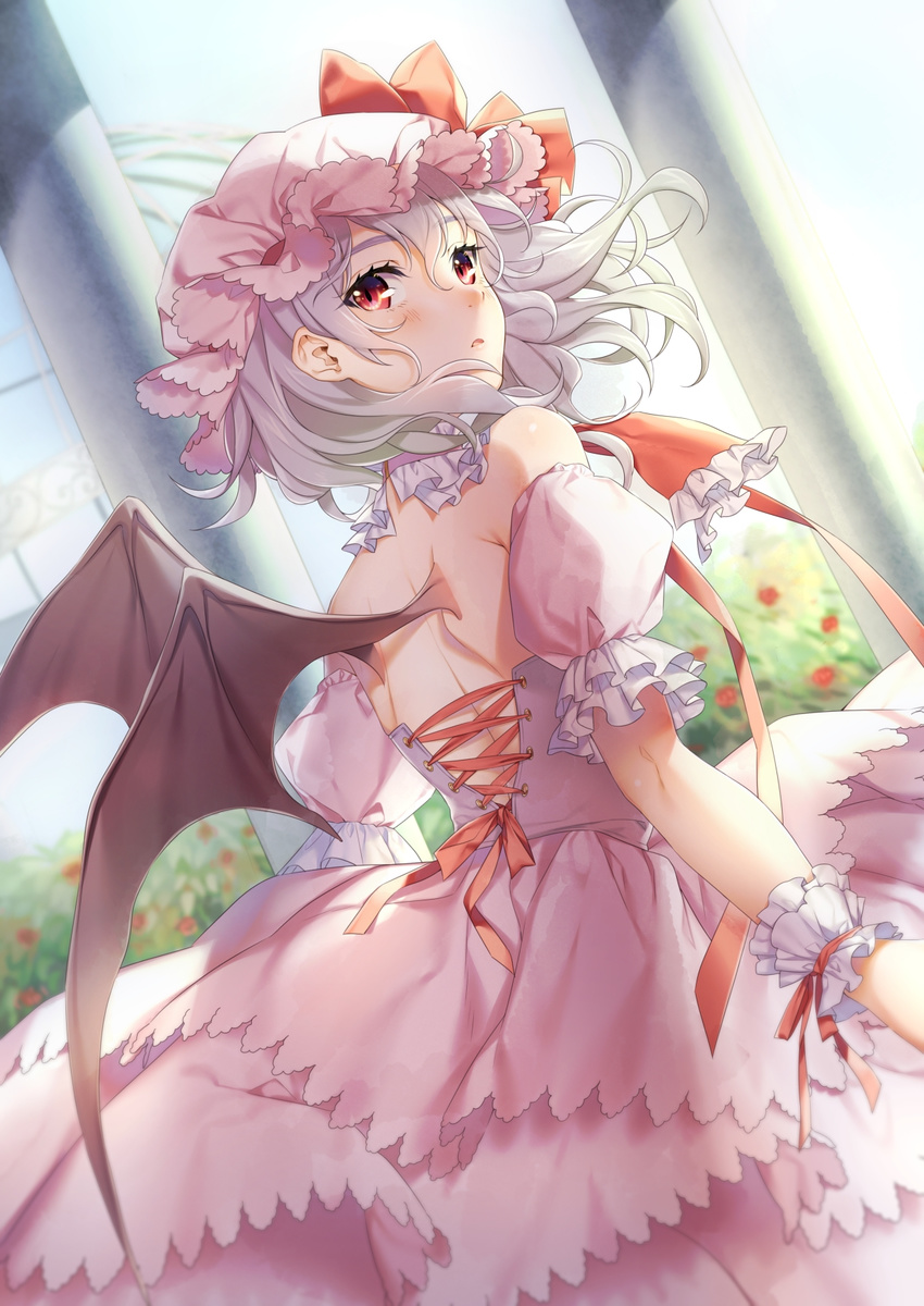 ascot back bare_shoulders bat_wings bush commentary_request day dress from_behind hat hat_ribbon highres lavender_hair looking_at_viewer looking_back mob_cap pillar pink_dress red_eyes red_ribbon remilia_scarlet ribbon solo touhou wind wings wrist_cuffs yana_mori