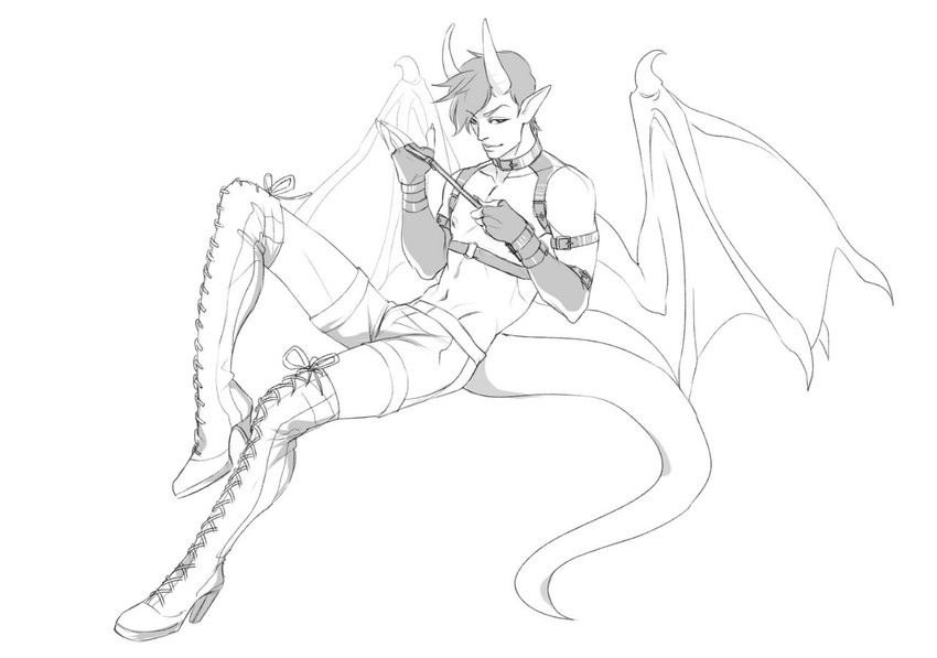 animal_humanoid boots clothed clothing dragon dragon_humanoid footwear hair high_heels horn humanoid looking_at_viewer male monochrome nimushka nipples rubber shoes smile solo wings