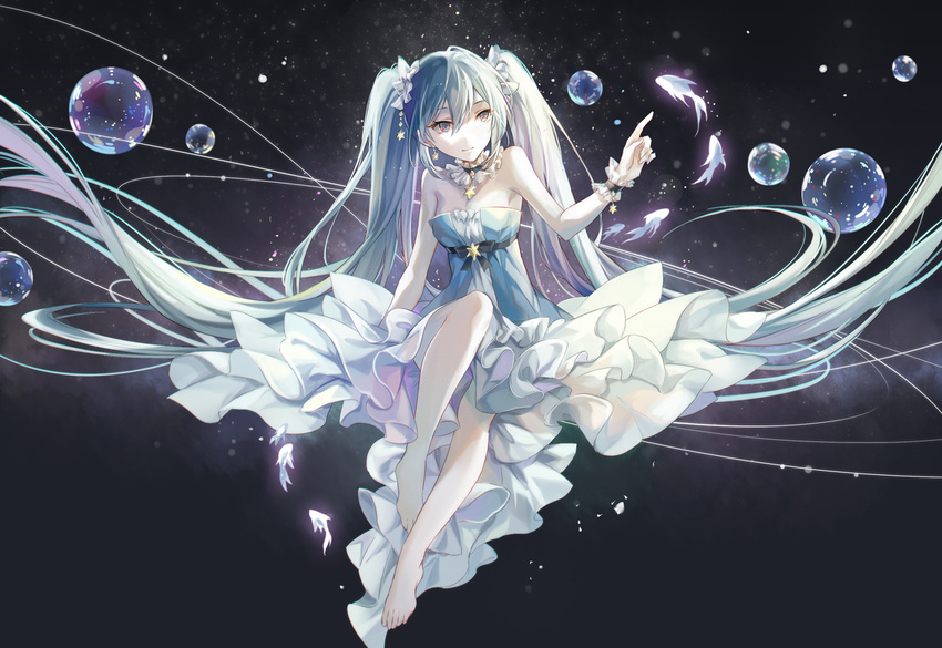 absurdly_long_hair barefoot blue_eyes blue_hair breasts choker cleavage dress earrings floating_hair full_body hair_between_eyes hair_ornament hatsune_miku index_finger_raised invisible_chair jewelry layered_dress long_hair minland4099 sitting small_breasts smile solo twintails very_long_hair vocaloid wrist_cuffs