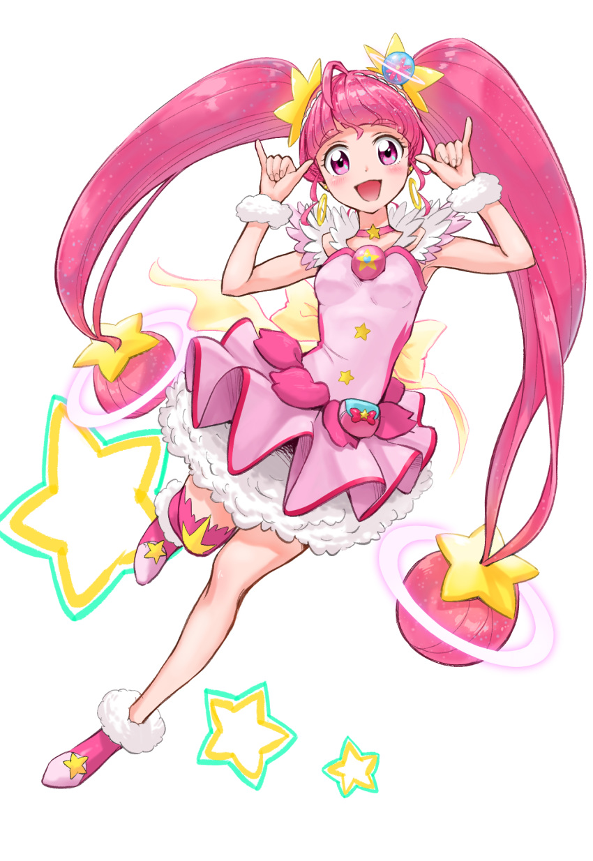 1girl :d \m/ ahoge back_bow bangs blunt_bangs bow choker cure_star dress full_body hair_ornament highres hoshina_hikaru ito_user_2810a long_hair looking_at_viewer magical_girl open_mouth petticoat pink_dress pink_eyes pink_footwear pink_hair pink_legwear pink_neckwear planet_hair_ornament precure shoes short_dress simple_background single_thighhigh smile solo star star_choker star_hair_ornament star_twinkle_precure thighhighs twintails white_background wrist_cuffs yellow_bow