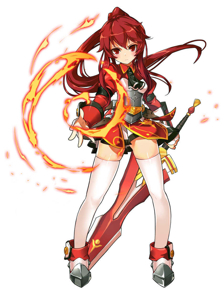 absurdres claymore_(sword) elesis_(elsword) elsword fire free_knight_(elsword) full_body high_ponytail highres holding holding_weapon long_hair looking_at_viewer official_art red_eyes red_hair ress simple_background solo thighhighs weapon white_background white_legwear