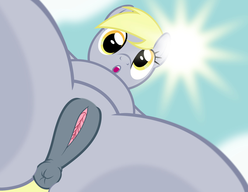 2017 absurd_res anus badumsquish blonde_hair derpy_hooves_(mlp) equine female friendship_is_magic hair hi_res horse low-angle_view mammal my_little_pony nude open_mouth outside pony pussy solo spread_legs spreading worm's-eye_view