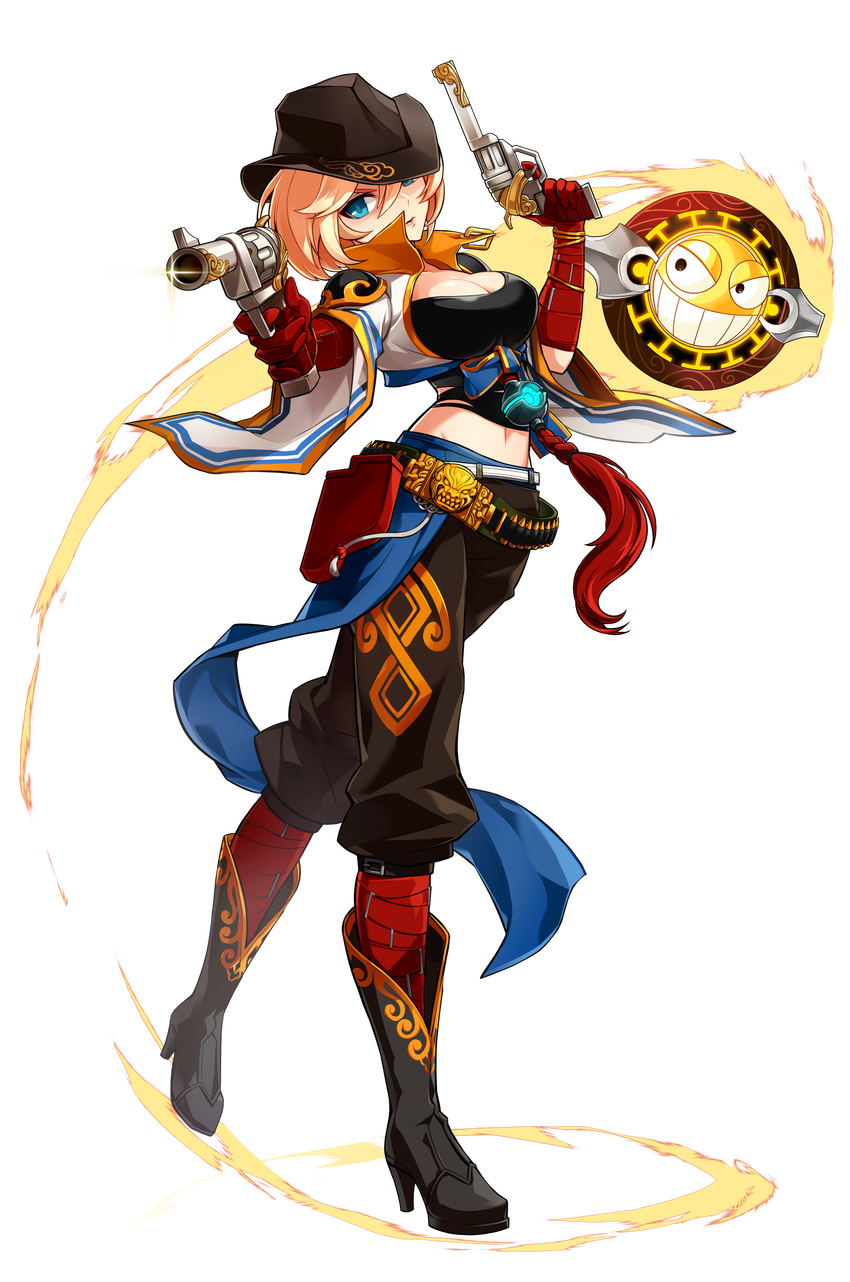 absurdres belt black_hat blonde_hair bloodia_(elsword) blue_eyes boots breasts cleavage dual_wielding elsword full_body gloves gun hat hat_over_one_eye highres holding holding_gun holding_weapon looking_at_viewer medium_breasts navel official_art red_gloves ress rose_(elsword) short_hair solo transparent_background weapon