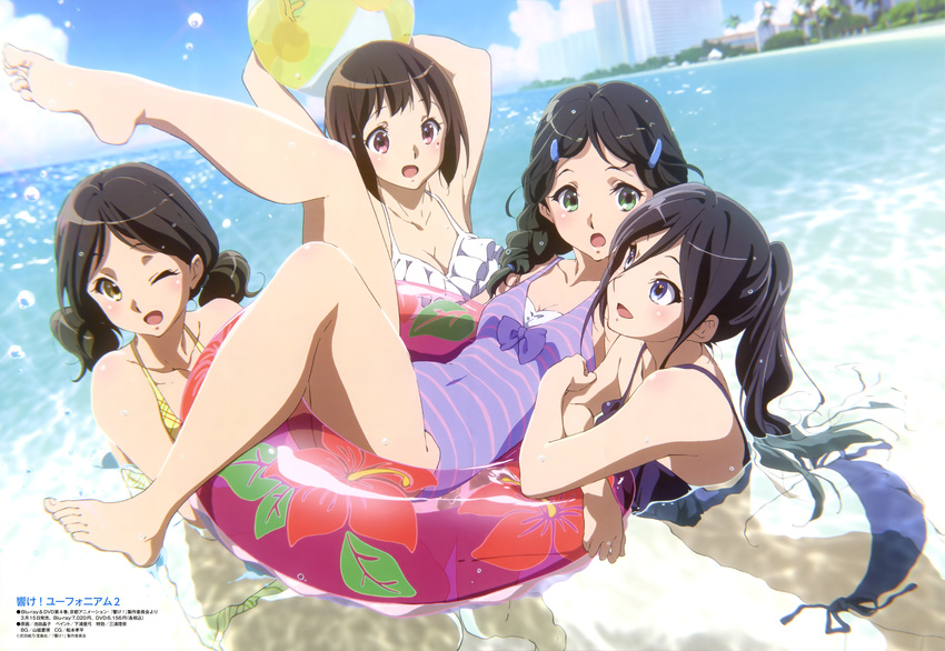 :d :o ;d absurdres alternate_hairstyle arms_up ass ball barefoot beach beachball bikini black_hair blush bow braid breasts brown_eyes brown_hair casual_one-piece_swimsuit chromatic_aberration cleavage cloud covered_navel crossed_arms day green_eyes hair_ornament hairclip hibike!_euphonium highres ikeda_shouko innertube leg_up looking_at_another medium_breasts mole mole_under_eye multiple_girls nakaseko_kaori no_eyewear official_art ogasawara_haruka one-piece_swimsuit one_eye_closed open_mouth outdoors ponytail purple_bikini purple_bow purple_swimsuit saitou_aoi scan short_hair side-tie_bikini sky small_breasts smile striped striped_swimsuit swimsuit tanaka_asuka twintails water wet