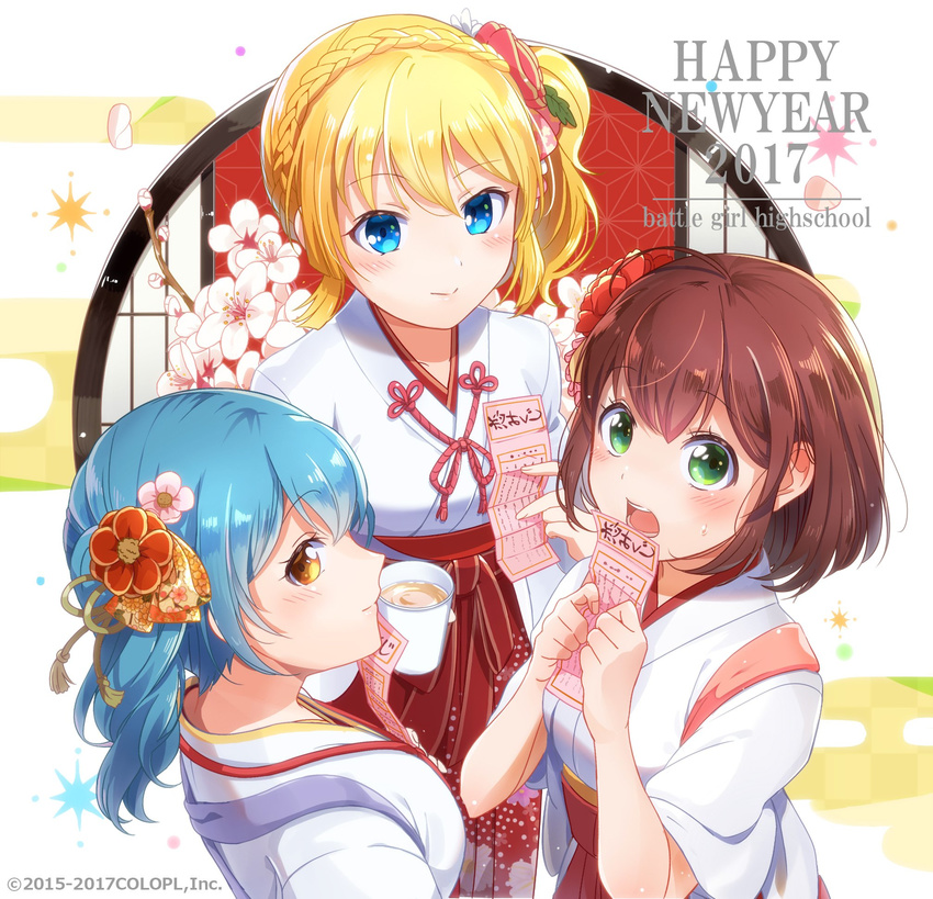 3girls ahoge battle_girl_high_school blonde_hair blue_hair brown_hair copyright_name flower green_eyes hair_flower hair_ornament happy_new_year highres hoshitsuki_miki japanese_clothes kougami_kanon kunieda_shiho multiple_girls new_year official_art omikuji open_mouth watermark