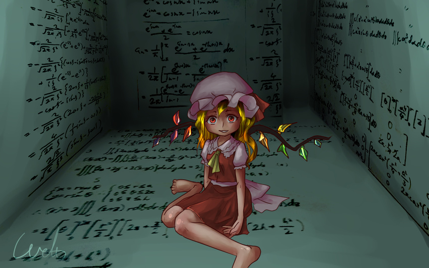 barefoot blonde_hair calculus commentary_request crystal flandre_scarlet frilled_hat frills glowing glowing_eyes grin hat kneeling looking_at_viewer math mob_cap puffy_short_sleeves puffy_sleeves red_eyes red_skirt red_vest room shirt short_sleeves sitting skirt smile staring touhou vest wariza welt_(kinsei_koutenkyoku) white_hat white_shirt wings yellow_neckwear