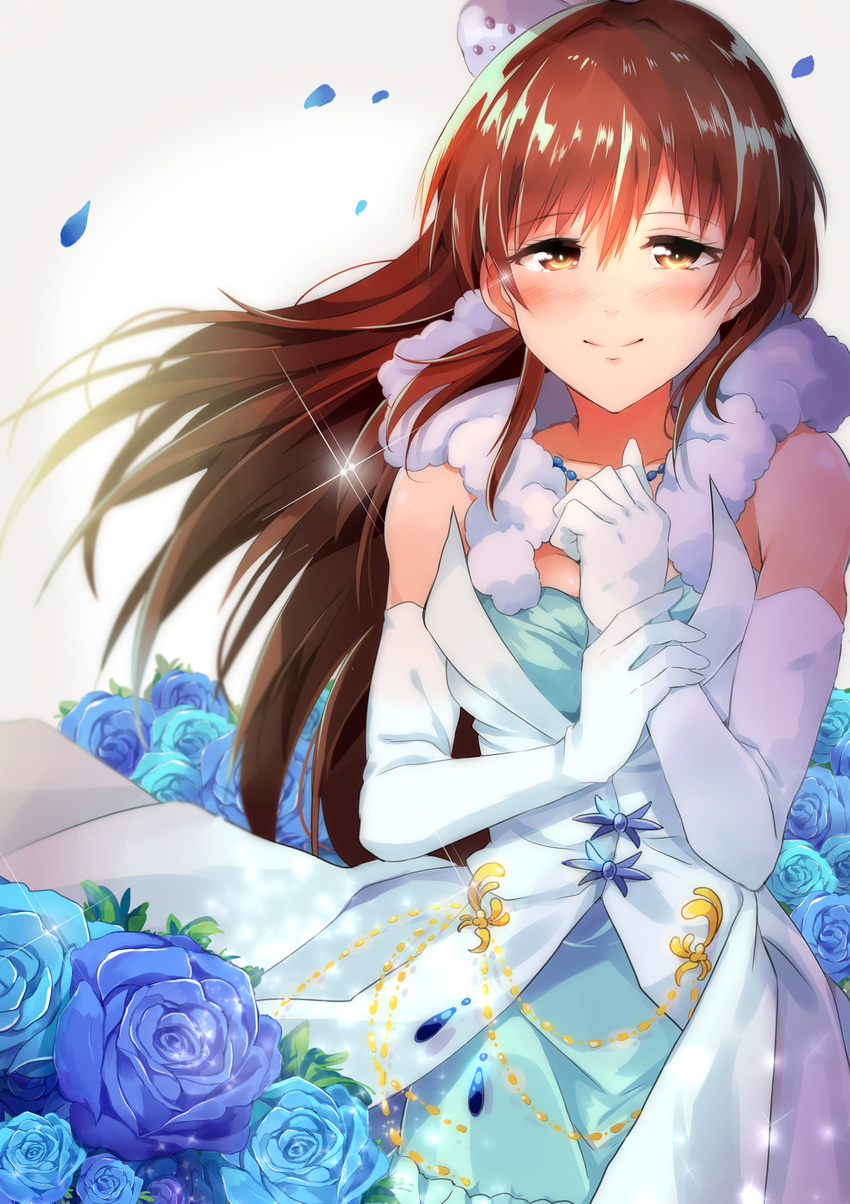 absurdres ariaridoradora bare_shoulders blue_eyes blue_flower blue_rose brown_eyes brown_hair commentary_request dress elbow_gloves flower gloves hat highres idolmaster idolmaster_cinderella_girls long_hair nitta_minami pure_white_memories rose silver_hair solo