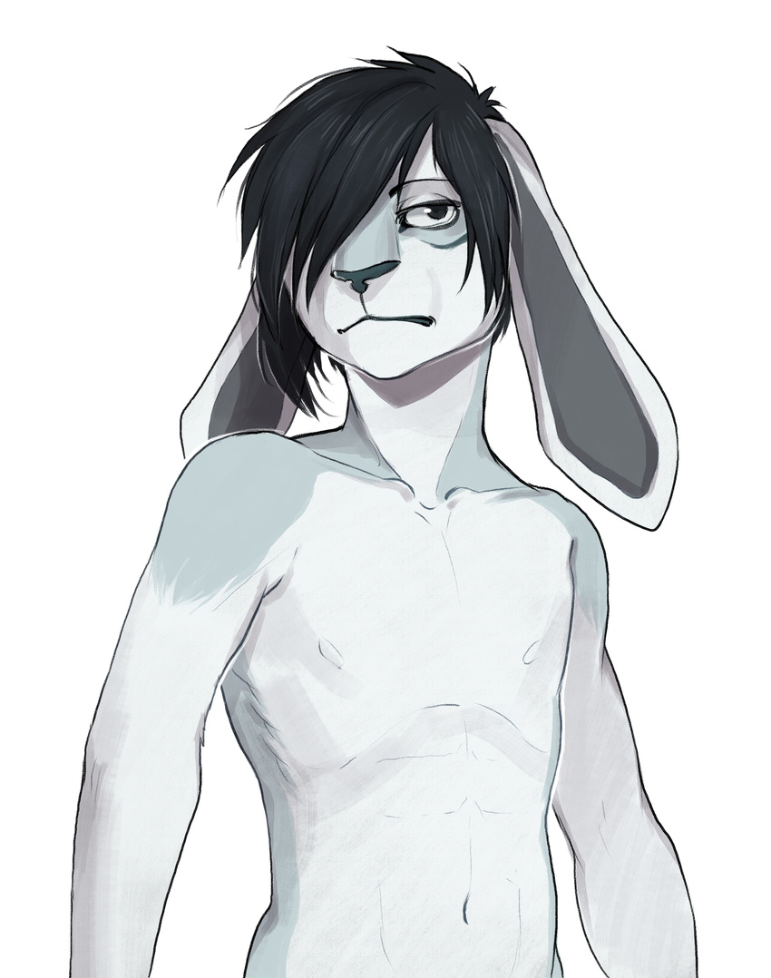 anthro fur hair lagomorph looking_at_viewer male mammal melamoryblack nipples nude rabbit simple_background solo white_background