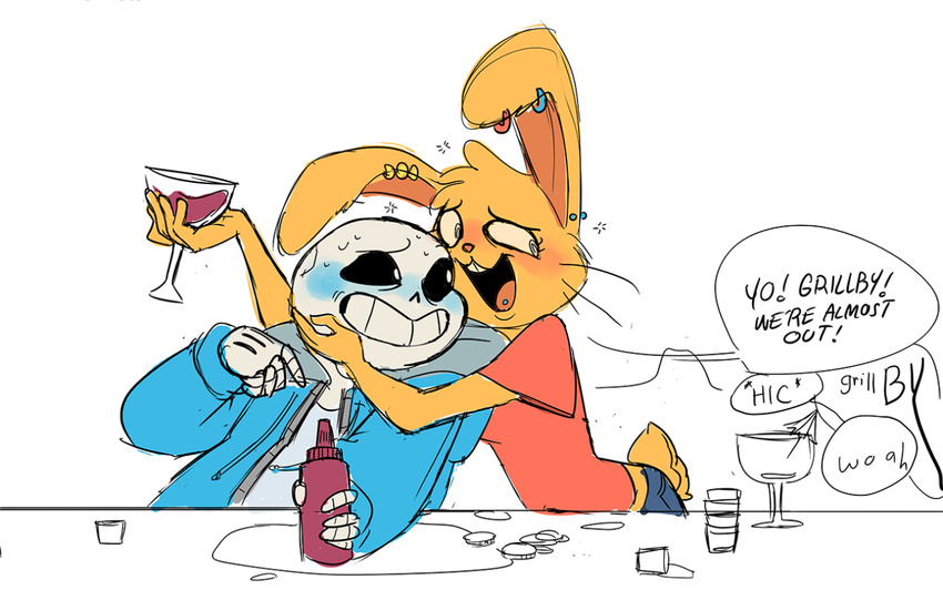 alcohol animated_skeleton anthro assortedjellies awkward beverage blush bone buckteeth clothed clothing dialogue drunk drunk_bun_(undertale) duo ear_piercing english_text female food hug ketchup lagomorph male mammal nervous piercing rabbit sans_(undertale) skeleton sweat teeth text tongue tongue_piercing undead undertale video_games