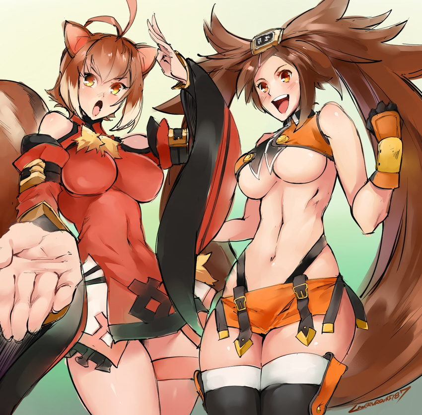 animal_ears antenna_hair bare_shoulders black_legwear blazblue blush breasts brown_eyes brown_hair china_dress chinese_clothes company_connection cosplay costume_switch covered_navel crossover dress gloves guilty_gear hair_rings hair_tubes highleg highleg_panties highres impossible_clothes impossible_dress kenshin187 kuradoberi_jam kuradoberi_jam_(cosplay) large_breasts long_hair makoto_nanaya makoto_nanaya_(cosplay) microskirt midriff multicolored_hair multiple_girls navel open_mouth orange_skirt panties red_dress sidelocks skirt squirrel_ears squirrel_tail tail thighhighs two-tone_hair underboob underwear very_long_hair wide_sleeves