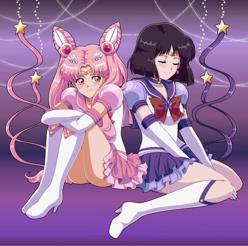 2girls between_legs bishoujo_senshi_sailor_moon black_hair boots bow bowtie circlet crossed_arms double_bun earrings eyes_closed full_body hand_between_legs high_heel_boots high_heels highres jewelry knee_boots layered_skirt leg_up long_hair looking_to_the_side miniskirt moon-realm multiple_girls pink_hair pink_sailor_collar pink_skirt purple_background purple_sailor_collar purple_skirt red_bow red_eyes red_neckwear sailor_chibi_moon sailor_collar sailor_saturn shiny shiny_hair shirt short_hair short_sleeves sitting skirt smile star star_earrings wariza white_footwear white_shirt