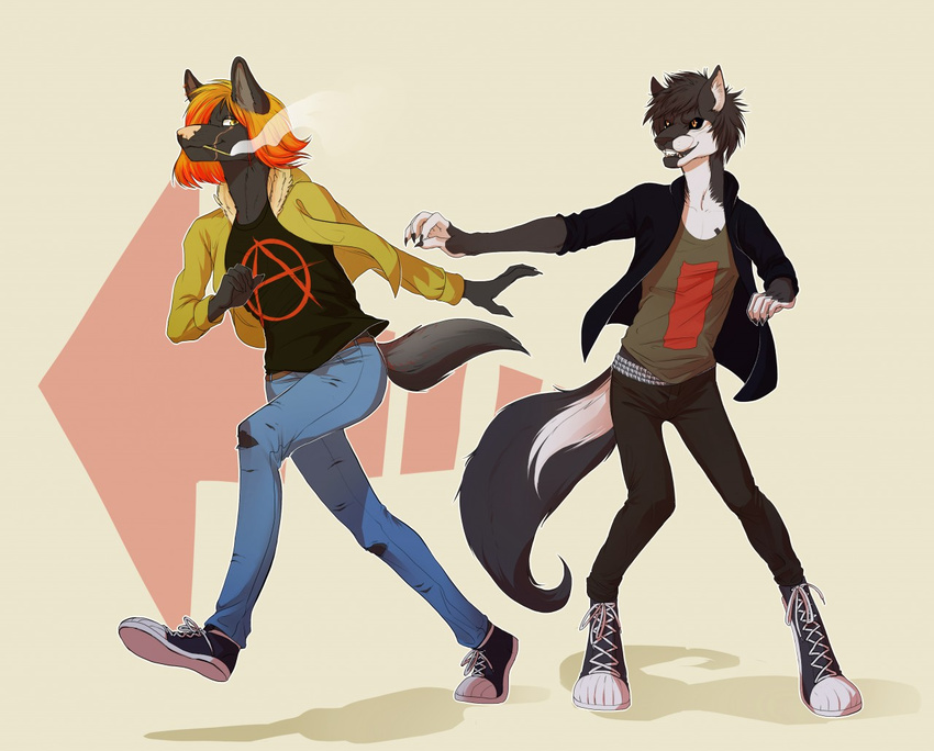 anthro canine cigarette clothed clothing duo female footwear fur hair male mammal melamoryblack open_mouth shoes smile standing