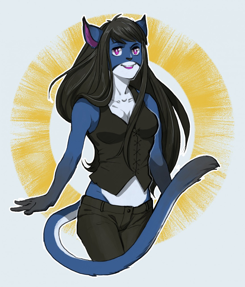 anthro breasts clothed clothing feline female fur hair mammal melamoryblack open_mouth simple_background smile solo