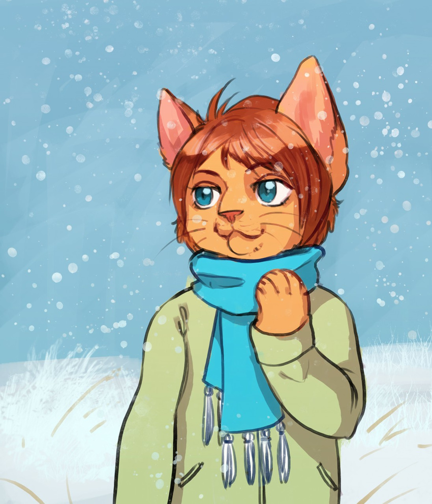 anthro chibi clothed clothing feline fur hair male mammal melamoryblack outside scarf smile snow solo standing