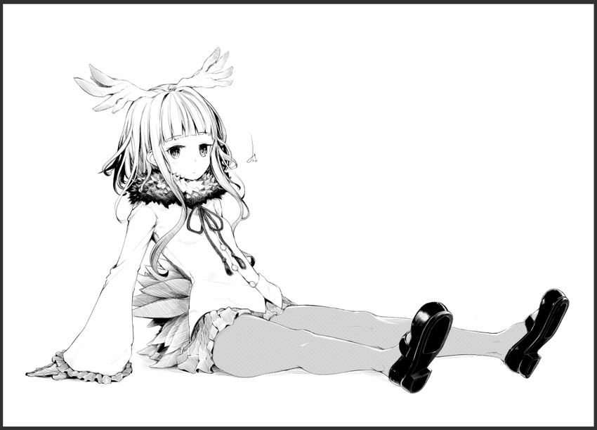 bangs black_border blunt_bangs border buttons full_body gloves greyscale head_wings japanese_crested_ibis_(kemono_friends) kemono_friends leaning_back long_hair long_sleeves looking_at_viewer miniskirt mizusaki_(tengoku) monochrome pantyhose pleated_skirt shirt shoes sidelocks simple_background sitting skirt solo tail white_background