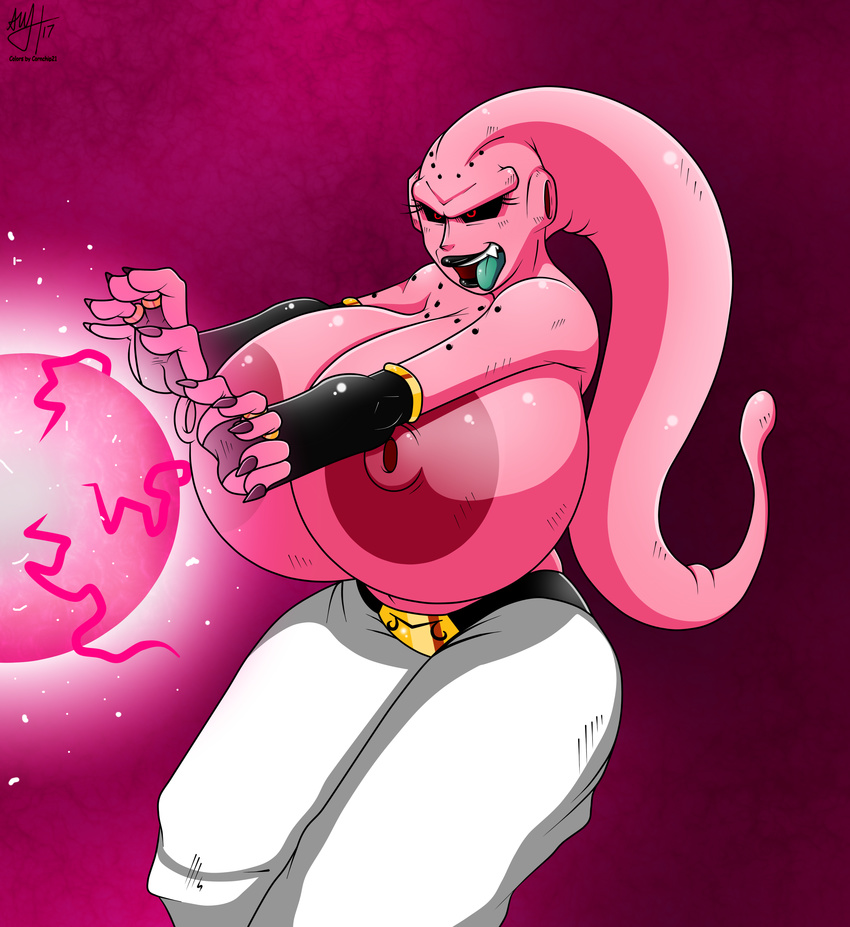 alien areola big_breasts breasts clothed clothing cornchip21 cricket-inc crossgender dragon_ball dragon_ball_z erect_nipples female huge_breasts majin_buu nipples not_furry solo topless