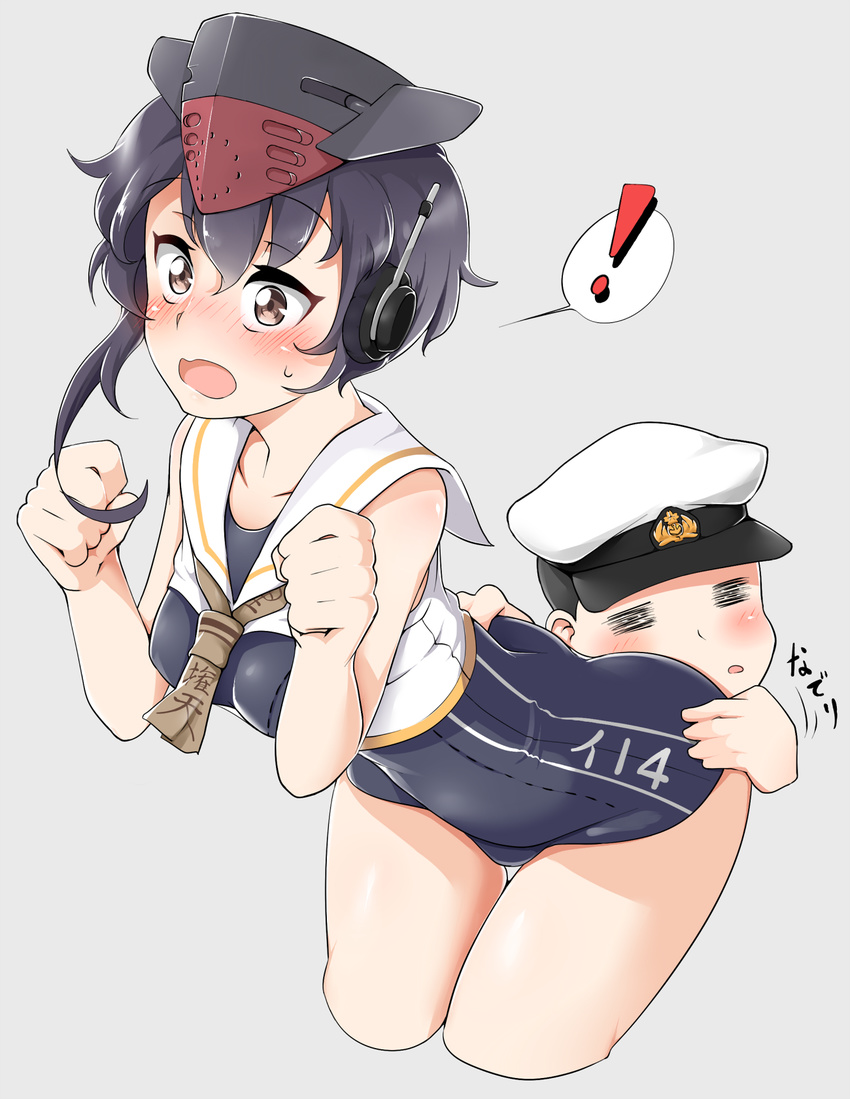 1boy 1girl admiral_(kantai_collection) aoi_renji asymmetrical_hair black_hair black_swimsuit blush brown_eyes character_name clothes_writing framed_breasts grey_background hair_between_eyes hat headphones highres i-14_(kantai_collection) kantai_collection leaning_forward open_mouth peaked_cap sailor_collar school_swimsuit short_hair spoken_exclamation_mark swimsuit