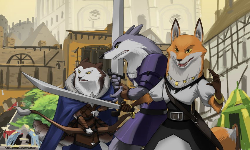 2017 anthro armello bow_(weapon) canine clothed clothing female fox fur group male mammal melee_weapon orange_fur outside purpleground02 ranged_weapon river_(armello) scarlet_(armello) sword thane_(armello) weapon wolf yellow_eyes yellow_sclera