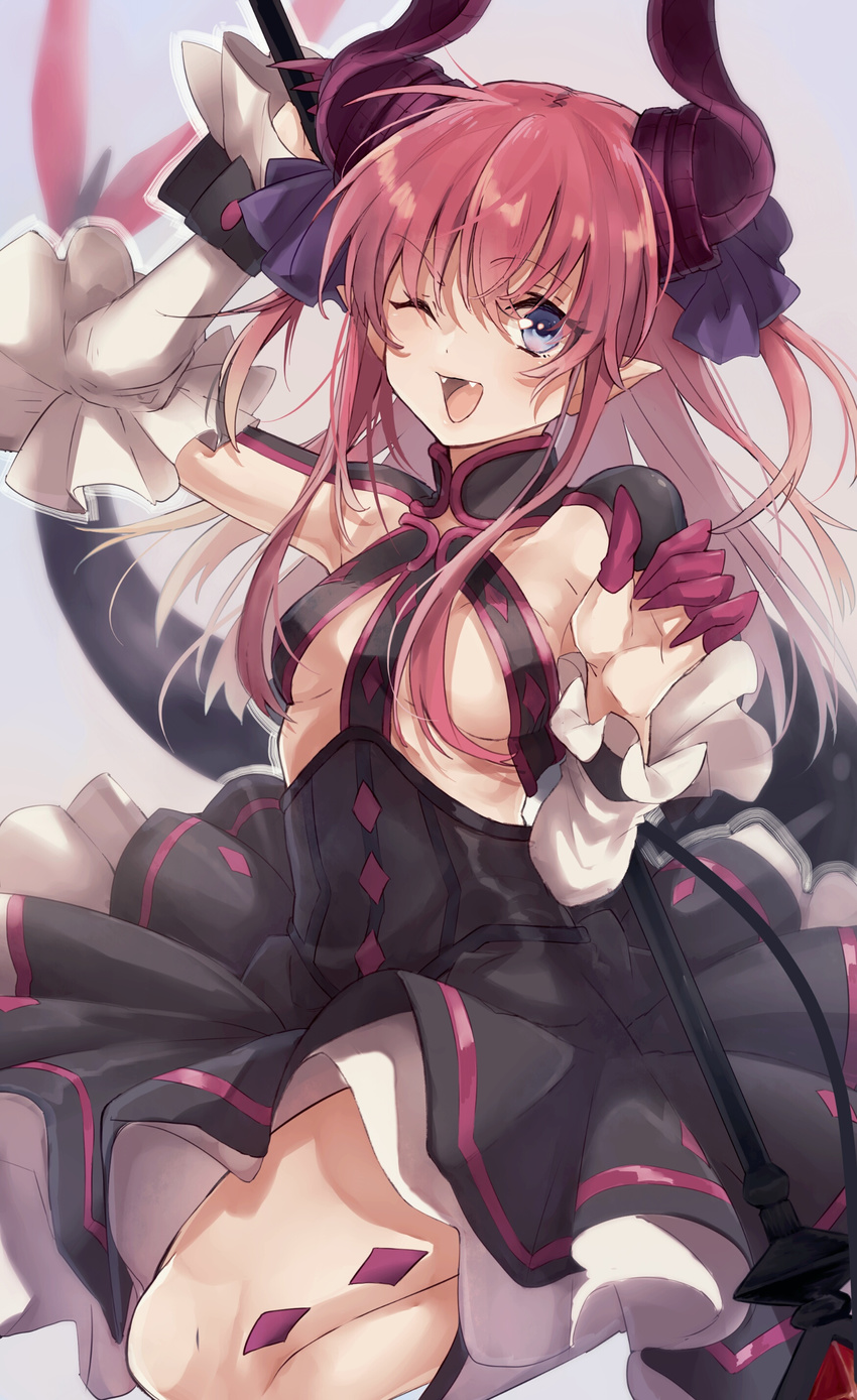 absurdres asymmetrical_horns blue_eyes blush breasts bun_(lv1_bun) detached_sleeves dragon_girl dress elizabeth_bathory_(fate) elizabeth_bathory_(fate)_(all) fangs fate/extra fate/extra_ccc fate_(series) highres horns long_hair looking_at_viewer one_eye_closed open_mouth pink_hair pointy_ears small_breasts smile solo tail two_side_up