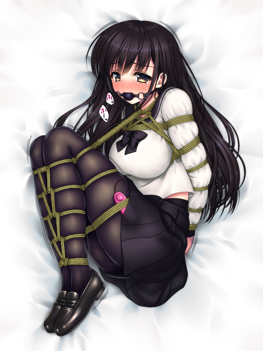 1girl arms_behind_back ball_gag bangs bdsm bed_sheet black_footwear black_hair black_legwear black_neckwear black_sailor_collar black_skirt blush bondage bound bound_arms bound_legs bow bowtie breasts controller embarrassed eyebrows_visible_through_hair female from_above gag gagged highres japanese_text legs_together long_hair long_sleeves looking_at_viewer lying medium_breasts miniskirt nose_blush on_side open_mouth original pantyhose pleated_skirt remote_control remote_control_vibrator rope sailor_collar sakurayashiki_nisei school_uniform serafuku shiny shiny_hair shirt shoes skindentation skirt solo speech_bubble tears translation_request vibrator vibrator_cord vibrator_under_clothes white_background white_shirt yellow_eyes