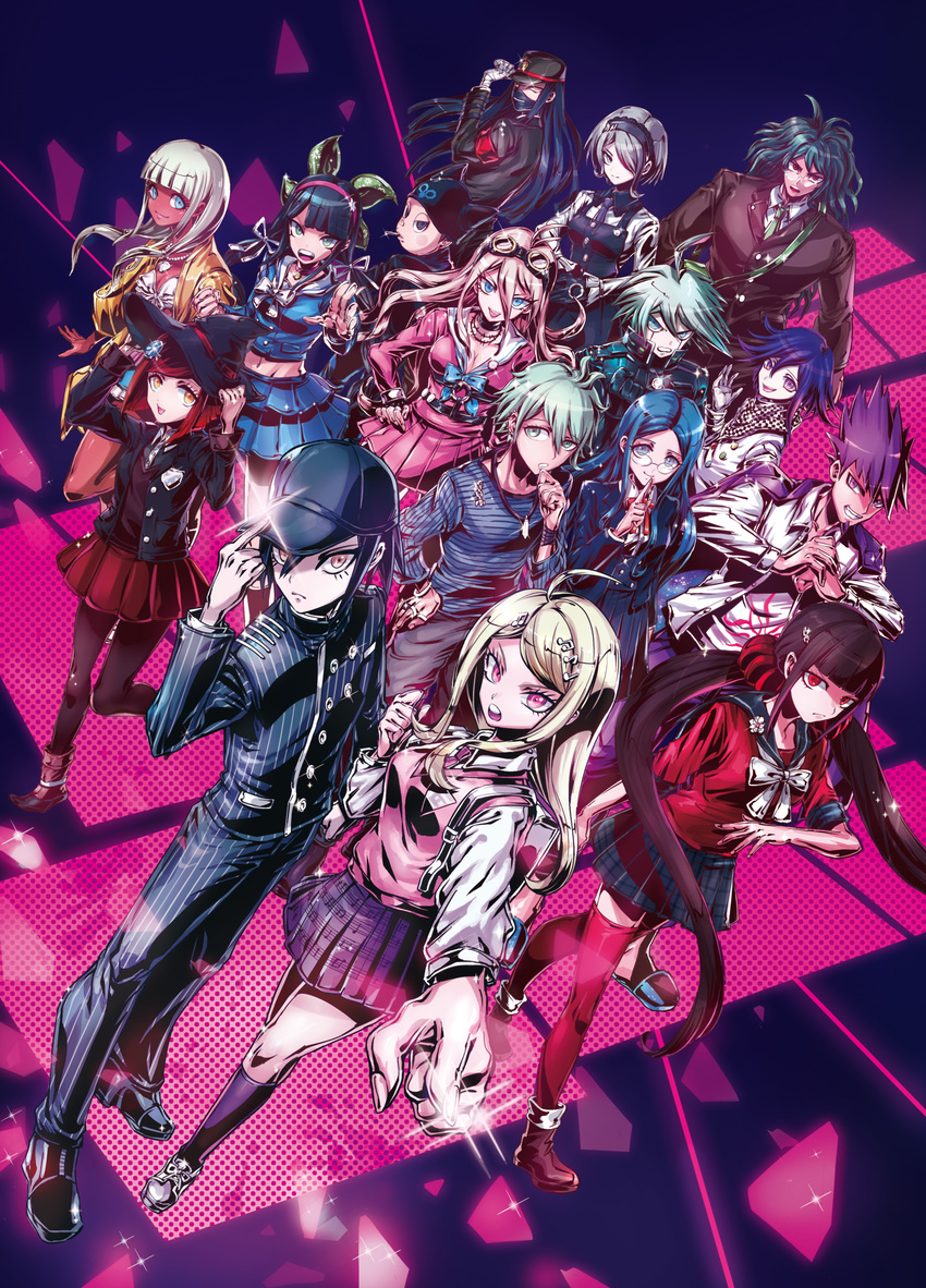 6+girls adjusting_clothes adjusting_hat ahoge akamatsu_kaede amami_rantarou android armband backpack bag bangs barbed_wire baseball_cap beamed_eighth_notes bikini bikini_top black_gloves black_hair blazer blonde_hair blue_eyes blue_shirt blue_skirt blunt_bangs bob_cut boots brown_footwear buttons chabashira_tenko checkered checkered_scarf choker clenched_hand cracking_knuckles danganronpa dark_skin dark_skinned_male diffraction_spikes dress dutch_angle ear_piercing eighth_note everyone eyelashes facial_hair finger_to_mouth fingerless_gloves frilled_bikini frills gakuran glasses gloves goatee goggles goggles_on_head gokuhara_gonta green_eyes green_hair grey_skirt hair_ornament hair_over_one_eye hair_ribbon hairband hairclip hand_on_hip hands_together harukawa_maki hat hat_tip highres horned_headwear hoshi_ryouma index_finger_raised insect_cage iruma_miu jacket jacket_on_shoulders jewelry keebo layered_skirt long_hair looking_at_viewer low_twintails midriff momota_kaito multiple_boys multiple_girls musical_note musical_note_hair_ornament musical_note_print necklace necktie new_danganronpa_v3 open_mouth orange_ribbon ouma_kokichi pantyhose piercing pinafore_dress pinstripe_pattern plaid plaid_skirt pleated_skirt pointing pointing_at_viewer pout power_armor puppeteer7777 purple_eyes purple_hair purple_legwear purple_neckwear purple_skirt randoseru red_eyes red_scrunchie red_skirt ribbon round_eyewear saihara_shuuichi scarf school_uniform scrunchie serafuku shinguuji_korekiyo shirogane_tsumugi shirt shoes short_hair silver_hair sixteenth_note skirt smile sneakers sparkle spiked_hair staff_(music) straitjacket striped striped_shirt sweater_vest swimsuit thighhighs tongue tongue_out toujou_kirumi twintails white_skin witch_hat yellow_eyes yellow_jacket yonaga_angie yumeno_himiko