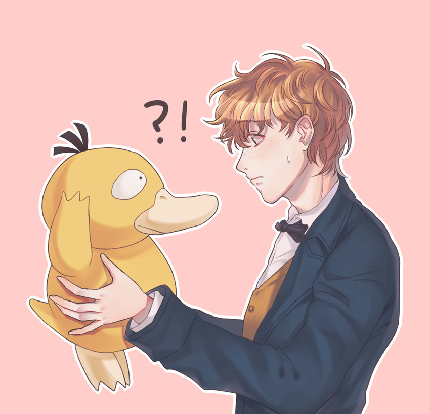 1boy bow bowtie brown_hair coat crossover fantastic_beasts_and_where_to_find_them freckles gen_1_pokemon green_eyes highres male_focus newt_scamander pink_background pokemon pokemon_(creature) psyduck simple_background upper_body usan93