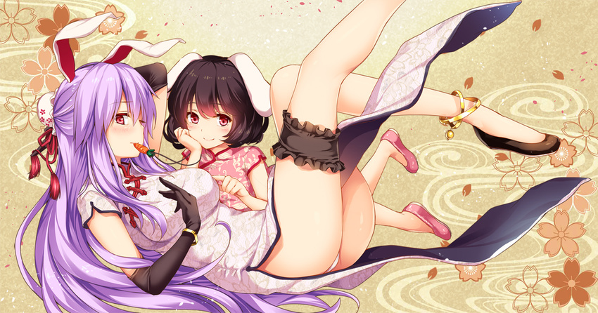 alternate_costume animal_ears anklet ass bare_legs black_footwear black_gloves black_hair breast_poke breasts bun_cover bunny_ears carrot_necklace china_dress chinese_clothes closed_mouth dress elbow_gloves floral_background flower frills gloves hair_bun hair_flower hair_ornament hand_on_own_cheek inaba_tewi jewelry large_breasts leg_garter legs_up long_hair looking_at_viewer lying moneti_(daifuku) mouth_hold multiple_girls no_legwear no_socks on_back panties pantyshot pantyshot_(lying) pelvic_curtain pendant pink_dress pink_footwear poking purple_hair red_eyes reisen_udongein_inaba shoes short_hair short_sleeves smile tassel touhou underwear very_long_hair white_dress white_panties