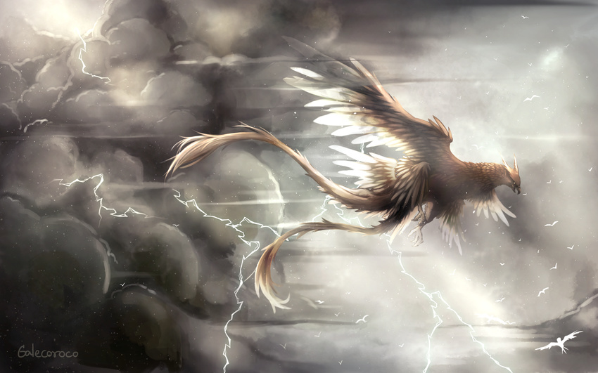 bird cloud cloudy_sky electricity fantastic_beasts_and_where_to_find_them feathered_wings galecoroco highres multiple_wings no_humans open_mouth sky solo thunderbird_(fantastic_beast) wings yellow_eyes