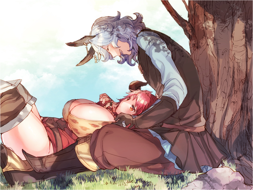 1girl animal_ears blue_hair breasts cleavage cow_ears cow_horns drang_(granblue_fantasy) earrings eno_yukimi granblue_fantasy horns huge_breasts jewelry outdoors pink_hair pointy_ears short_hair sturm_(granblue_fantasy) translation_request tree under_tree