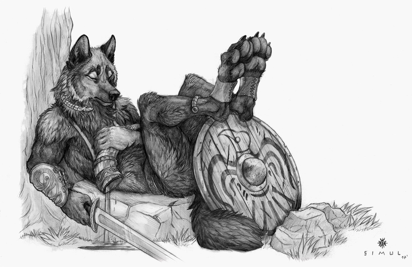 2017 anthro armor beverage biceps black_nose canine claws digitigrade drinking_horn drunk eyes_closed fur holding_object holding_weapon male mammal melee_weapon monochrome muscular nude pawpads paws shield simple_background simul sleeping solo sword traditional_media_(artwork) tree viking weapon white_background wolf