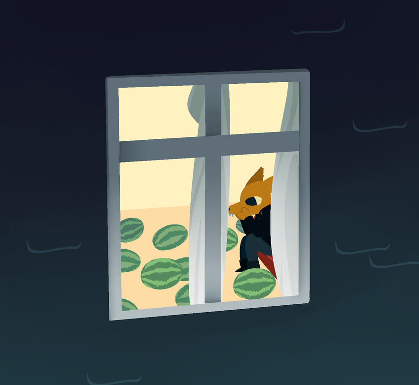 2017 anthro clothed clothing food fruit gregg_(nitw) melon night_in_the_woods nobody_(artist) solo watermelon window