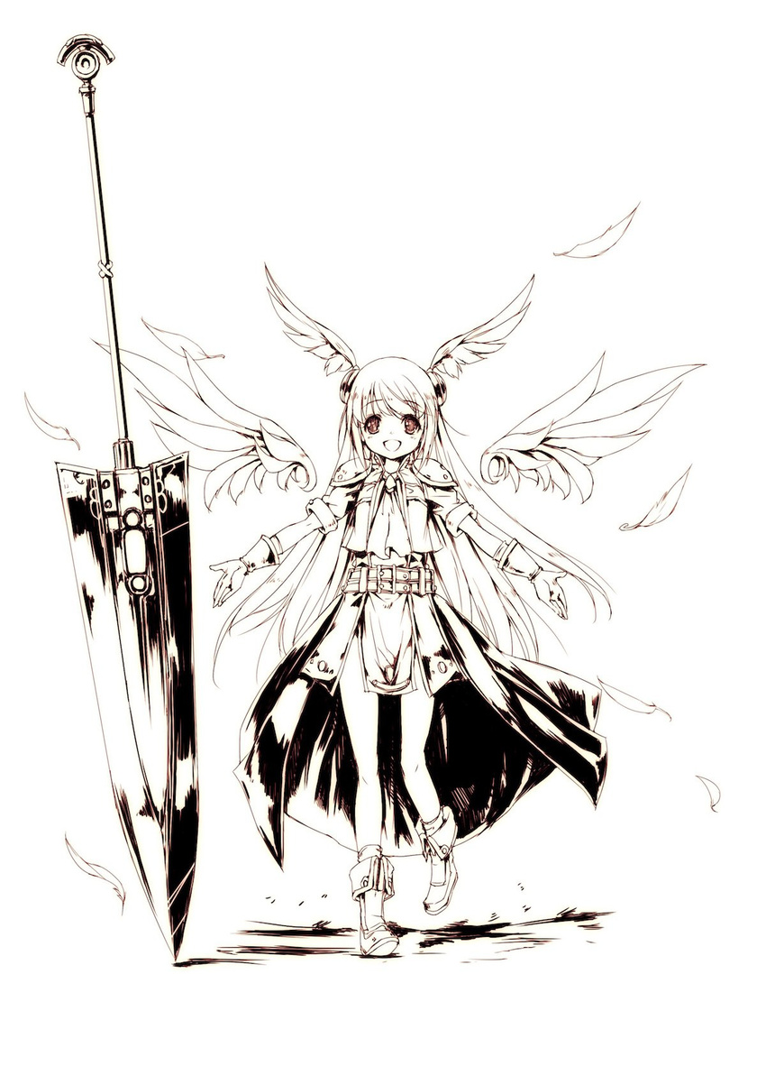 angel_wings belt boots cropped_jacket dress eien_no_aselia eternity_sword_series euphoria_(eternity_sword) gloves hair_ornament head_wings highres hitomaru jacket long_hair monochrome official_art open_mouth outstretched_arms pauldrons polearm seinarukana smile solo spear sword waist_cape weapon wings