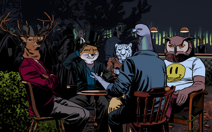 ambiguous_gender anthro avian billmund bird canine cervine clothed clothing deer feline ferret fox group leopard looking_at_viewer male mammal mustelid owl pig pigeon poker porcine sitting snow_leopard