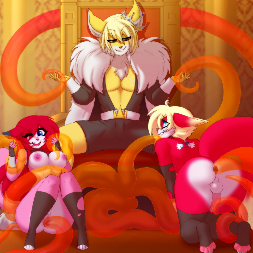 all_fours anal anal_penetration anthro biting_lip breasts canine chair chococosalo clothed clothing crown feline female fox girly group male mammal nipples penetration sitting smile tentacles thick_thighs throne vaginal vaginal_penetration