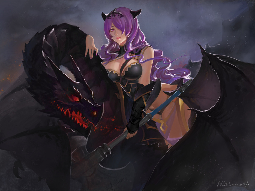 axe breasts camilla_(fire_emblem_if) cleavage commentary_request dark_background dragon fire_emblem fire_emblem_if hair_over_one_eye highres large_breasts lips long_hair looking_at_viewer parted_lips purple_eyes purple_hair quaanqin riding sidelocks solo thighs tiara vambraces wavy_hair weapon