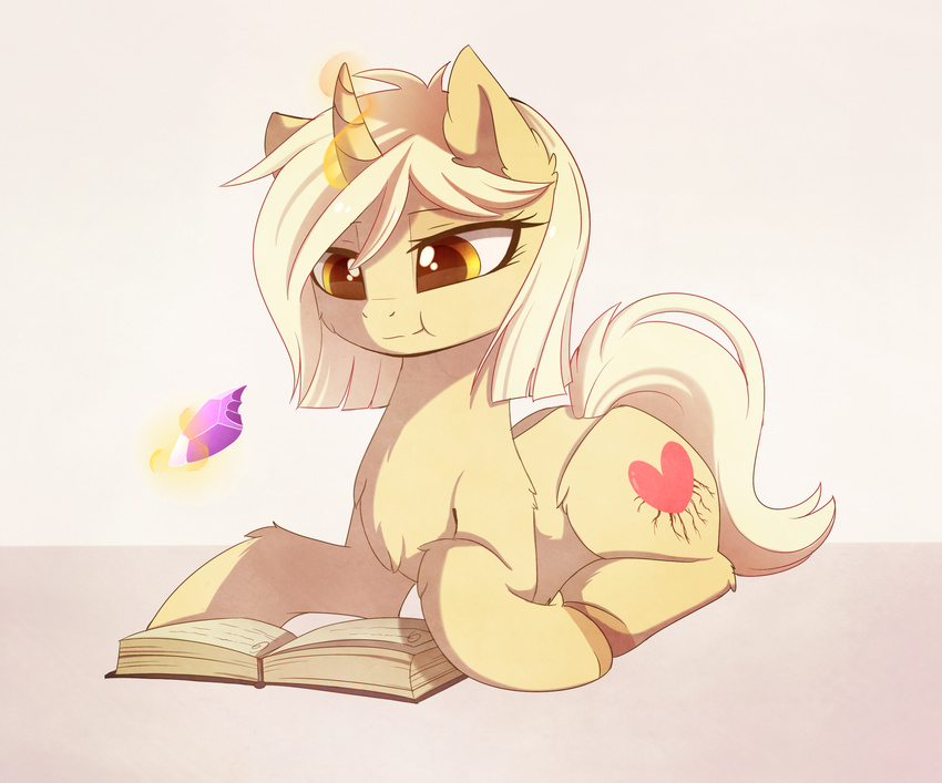 book cutie_mark equine fan_character female feral fluffy fur hair hooves horn lying magnaluna mammal my_little_pony reading simple_background solo tan_fur unicorn white_background yellow_eyes