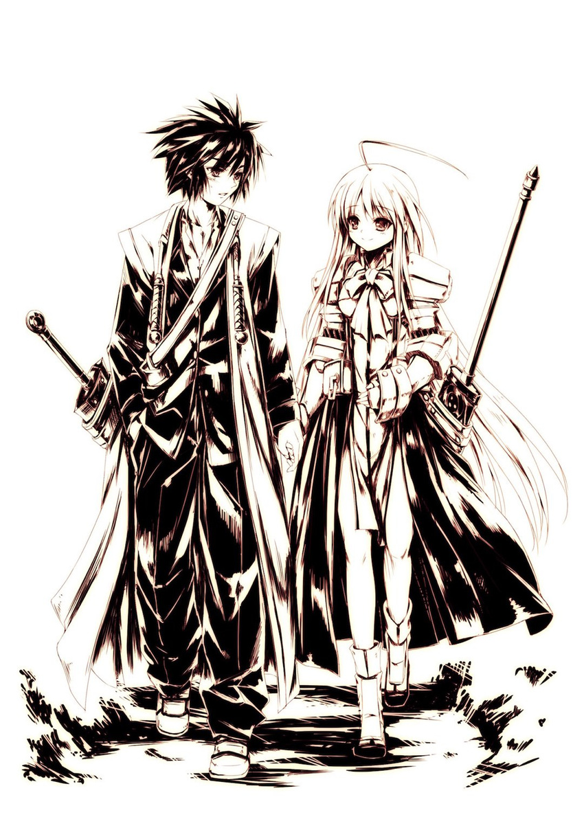 1girl ahoge armor aselia_bluespirit belt black_hair blazer boots coat couple dress eien_no_aselia eternity_sword_series fingerless_gloves gauntlets gloves hand_in_pocket hetero highres hitomaru holding_hands jacket long_hair monochrome official_art pants polearm school_uniform sheath sheathed shirt shoes short_hair sleeveless_coat smile spear sword takamine_yuuto waist_cape walking weapon