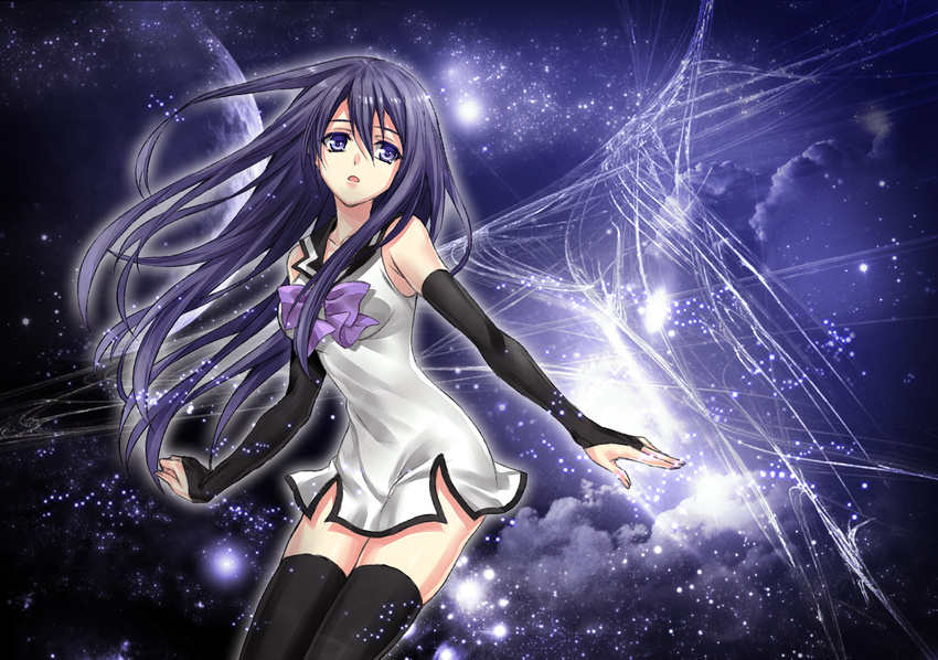 arms_at_sides bare_shoulders black_hair black_legwear blue_eyes bow bowtie breasts collarbone commentary_request detached_sleeves dress gokukoku_no_brynhildr hair_between_eyes highres kuroha_neko long_hair looking_at_viewer md5_mismatch medium_breasts parted_lips purple_bow purple_neckwear sailor_collar sailor_dress short_dress sidelocks solo thighhighs very_long_hair yuuheisyoujyo