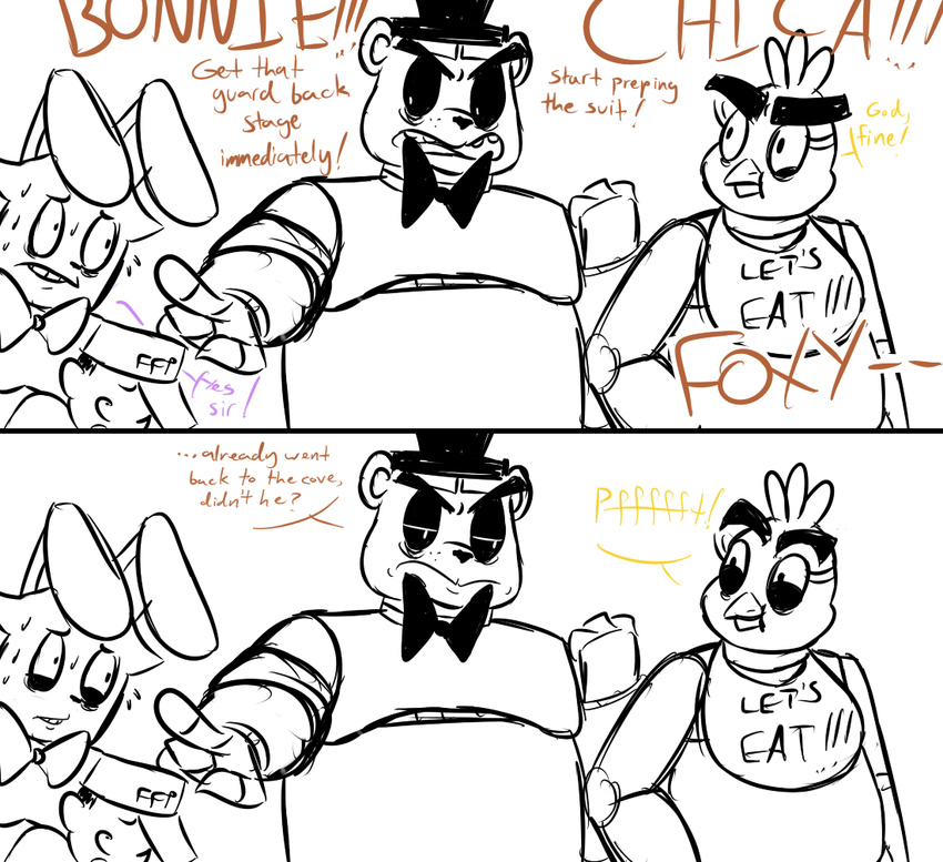 2015 animatronic anthro avian bear bib bird bonnie_(fnaf) bow_tie chica_(fnaf) chicken clothing comic dialogue english_text female five_nights_at_freddy's freddy_(fnaf) group hat human inkyfrog lagomorph machine male mammal pointing rabbit restricted_palette robot security_guard simple_background sweat text top_hat uniform video_games white_background