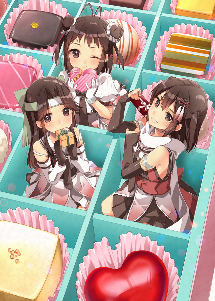 black_gloves black_skirt box box_of_chocolates brown_eyes brown_hair detached_sleeves double_bun elbow_gloves gift gift_box gloves grin hair_flaps heart-shaped_box highres in_box in_container jintsuu_(kantai_collection) kantai_collection koruri long_hair multiple_girls naka_(kantai_collection) one_eye_closed pleated_skirt puffy_short_sleeves puffy_sleeves remodel_(kantai_collection) sailor_collar scarf school_uniform sendai_(kantai_collection) serafuku short_hair short_sleeves skirt sleeveless smile two_side_up white_scarf