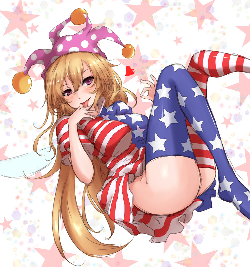 absurdres alternate_legwear amagi_(amagi626) american_flag_dress american_flag_legwear ass blonde_hair breasts clownpiece come_hither dress fairy_wings hat heart highres jester_cap large_breasts long_hair looking_at_viewer naughty_face no_panties ok_sign older polka_dot purple_eyes short_dress short_sleeves sketch smile solo star star_print striped thighhighs tongue tongue_out touhou wings