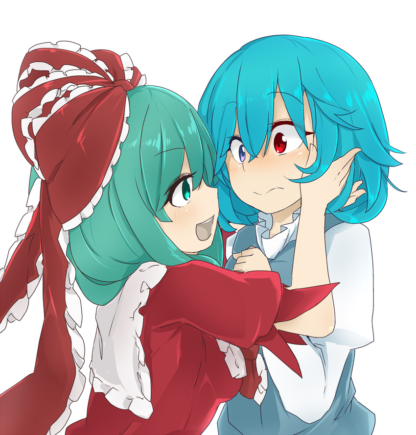 3: :d blue_eyes blue_hair blue_vest blush commentary_request dress frilled_dress frilled_ribbon frilled_shirt_collar frills green_eyes hair_ribbon hand_on_another's_cheek hand_on_another's_face heterochromia juliet_sleeves kagiyama_hina long_hair long_sleeves multiple_girls open_mouth puffy_sleeves red_dress red_eyes ribbon shirt short_hair simple_background smile tatara_kogasa touhou tyouseki vest white_background white_shirt yuri