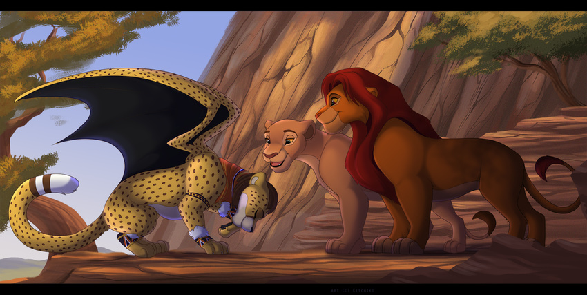 black_bars black_lips cheetah day detailed_background disney feline female fur hair hybrid kitchiki lion male mammal membranous_wings nala open_mouth orange_fur paws red_hair rock simba sky smile tan_fur the_lion_king wings yellow_fur