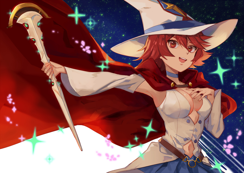 belt blue_skirt breasts cape choker cleavage detached_sleeves hand_on_own_chest hat highres large_breasts little_witch_academia looking_at_viewer navel night open_mouth pleated_skirt red_cape red_eyes red_hair shiny_chariot shiny_rod short_hair skirt sky smile solo sparkle star_(sky) starry_sky thighhighs tk_(tksnim) wide_sleeves witch witch_hat