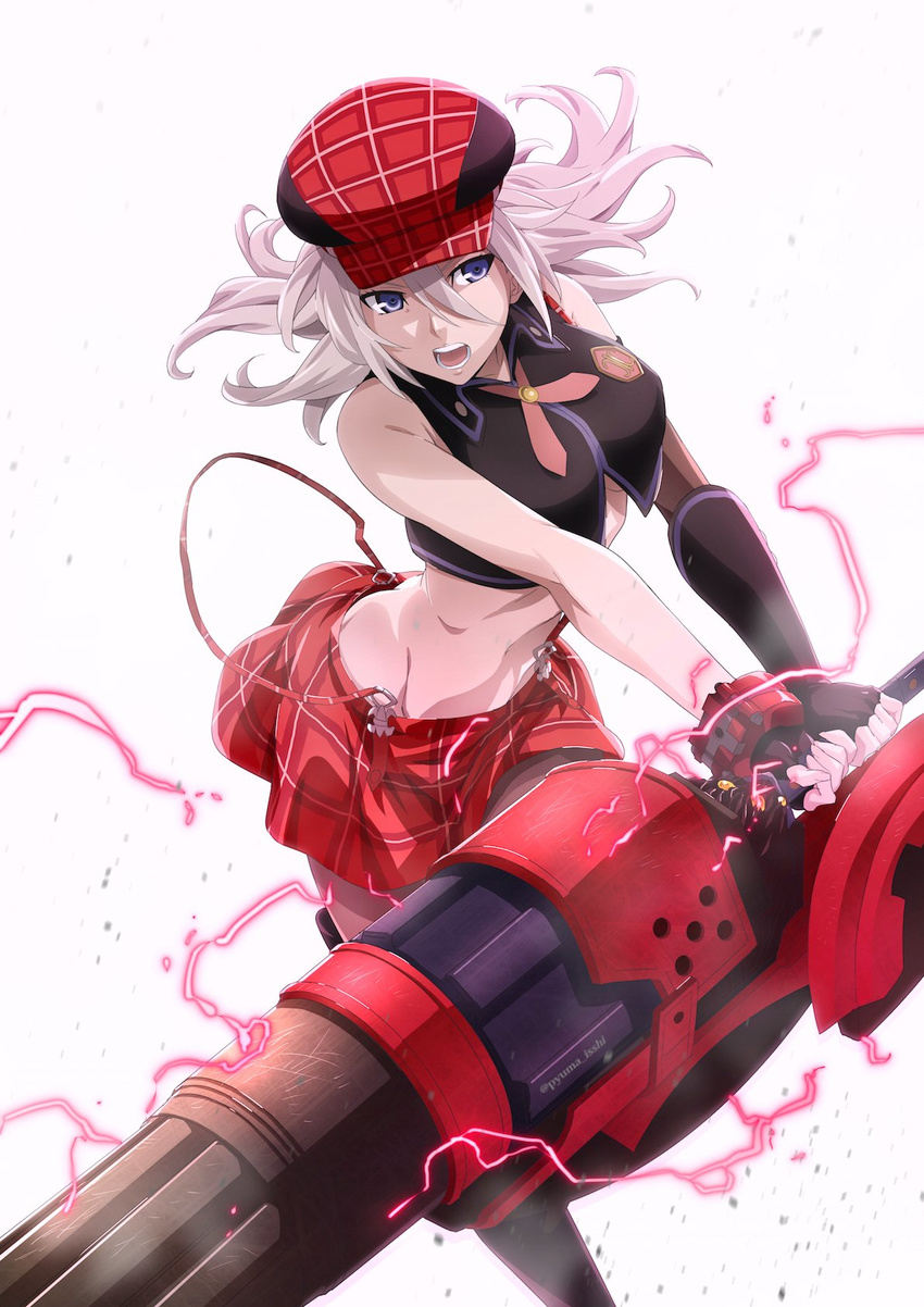 :d alisa_ilinichina_amiella black_footwear black_legwear blue_eyes boots breasts cabbie_hat commentary_request copyright_name crop_top elbow_gloves emblem fingerless_gloves gloves god_eater god_eater_burst hair_between_eyes hat highres holding holding_weapon huge_weapon large_breasts long_hair looking_at_viewer medium_breasts mismatched_gloves navel open_mouth pantyhose puma_(hyuma1219) silver_hair simple_background single_elbow_glove skirt sleeveless smile solo suspender_skirt suspenders suspenders_slip thigh_boots thighhighs underboob v-shaped_eyebrows weapon white_background