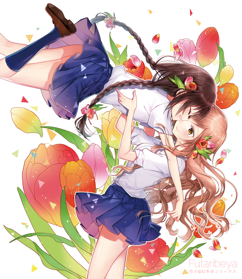 artist_name blue_skirt braid brown_eyes brown_footwear brown_hair closed_eyes commentary_request copyright_name couple cover cover_page face-to-face flower futaribeya hair_flower hair_ornament highres kawawa_sakurako kneehighs long_hair multiple_girls navy_blue_legwear open_mouth outline petals pleated_skirt school_uniform shirt shoes short_sleeves skirt smile tulip twin_braids watermark wavy_hair white_outline white_shirt yamabuki_kasumi yukiko_(tesseract) yuri